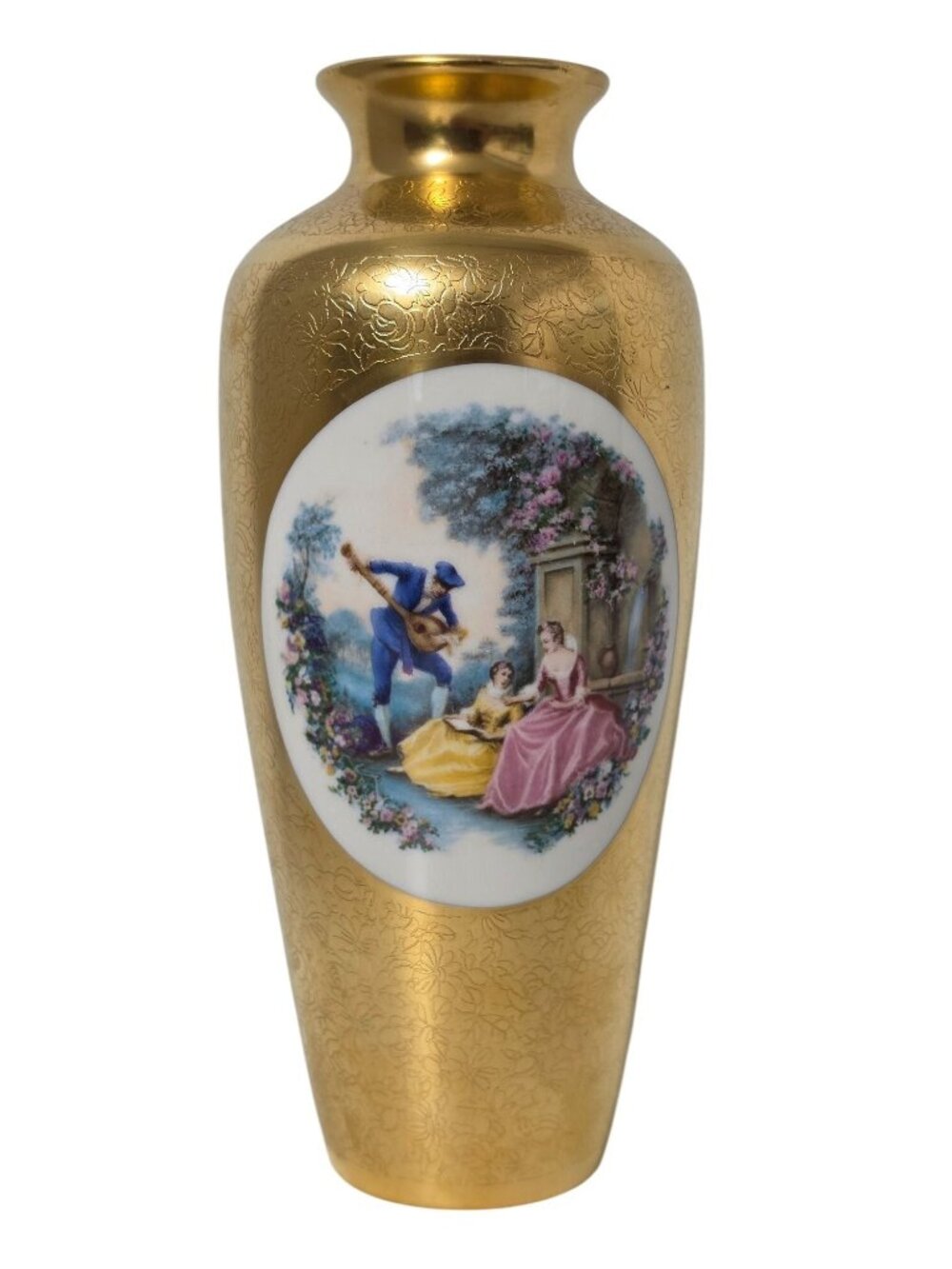Pickard Gold China Vase Hand Decorated USA Courting Scene 7.5" w/ Original Tag